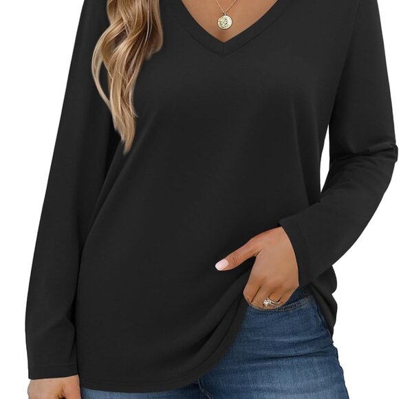 Womens Plus Size Long Sleeve Shirts V Neck Basic Tee Tops Loose Fit Fall Outfits - Picture 1 of 5